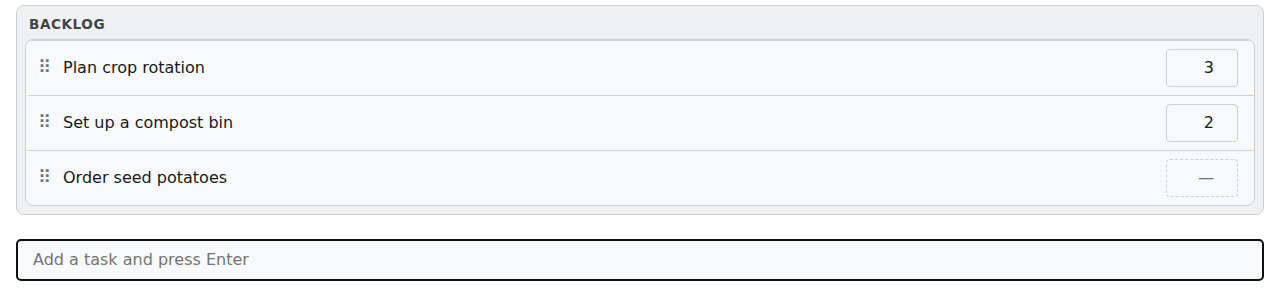 A new task typed at the bottom of the backlog of a backlog-only project