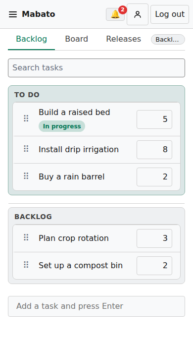 The backlog of the Garden Planner project on a phone