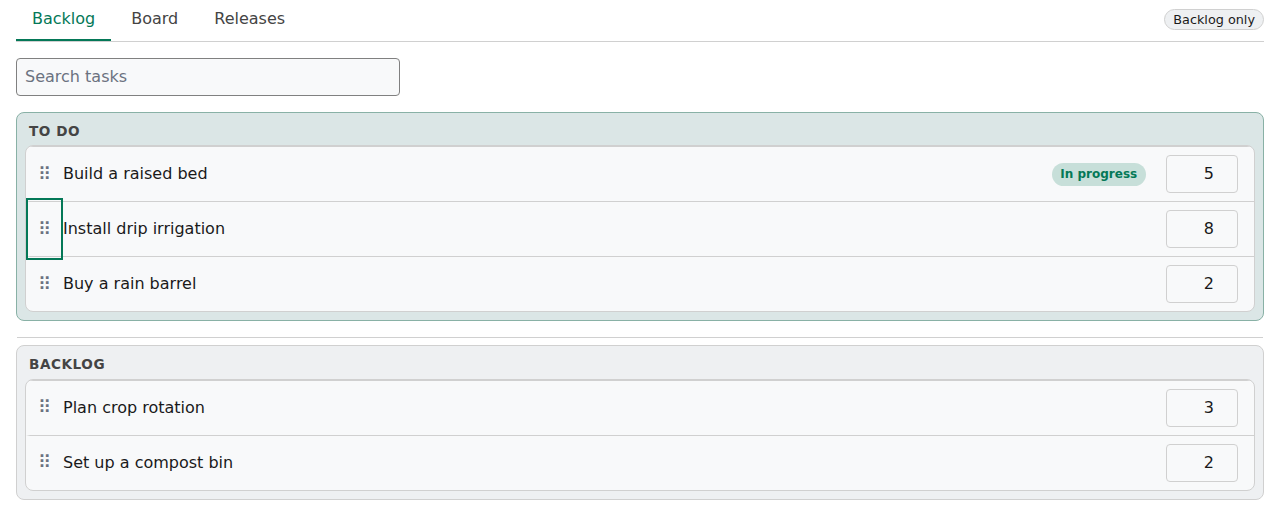 The backlog of a backlog-only project with the keyboard focus on the drag handle of a task