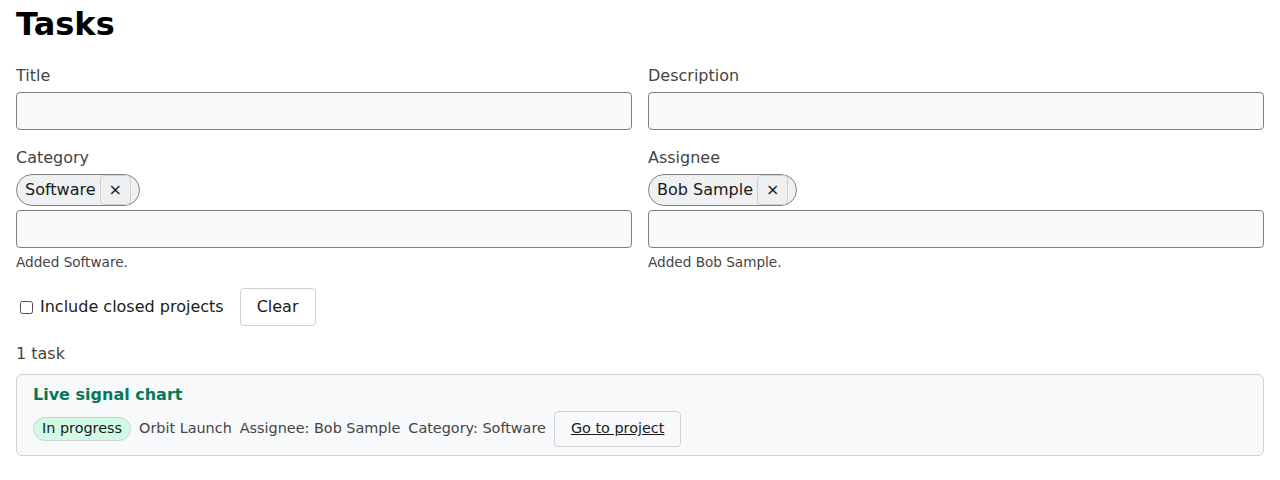 The Tasks page with the filters Category Software and Assignee Bob Sample added as chips. Only the task Live signal chart matches both.