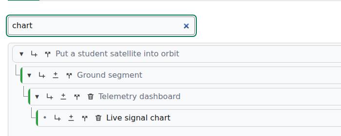 The tree of Orbit Launch filtered by the quick search field. After typing "chart" only the task Live signal chart and its parents remain, and the field announces 1 task matches.