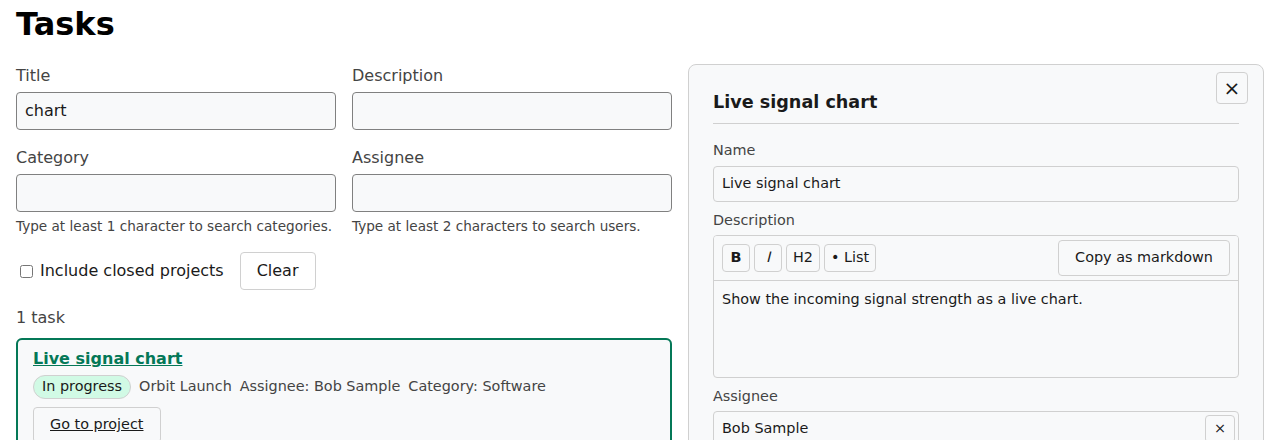 A search result opened on the Tasks page. The detail view of Live signal chart appears at the right of the result list.