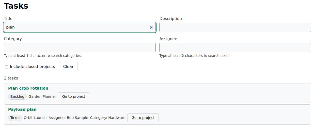 The Tasks page after searching for the title "plan". The results come from two projects and show status, project, assignee and category, with a Go to project button on each.