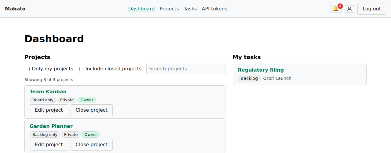 The dashboard after signing in: the main navigation on top, the project list on the left and My tasks on the right