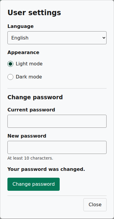 The User settings dialog with the language list and the Light mode and Dark mode choices