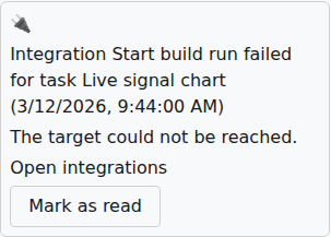 A failed integration in the notification list: which integration, which task, when, and why it failed