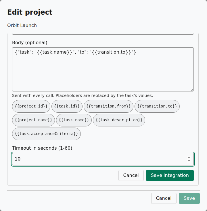 The New integration form, lower part: body format JSON, the body with placeholders, the placeholder buttons and the timeout