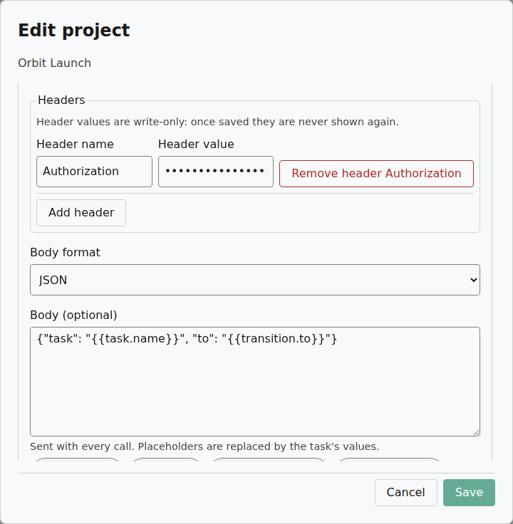 The New integration form, middle part: the Headers group with one header name and its value field, and the Add header button