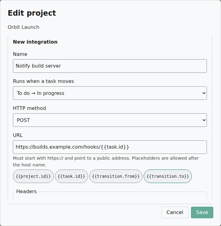 The New integration form, upper part: name, the status change that triggers it, HTTP method, URL with a placeholder inserted and a header with a hidden value