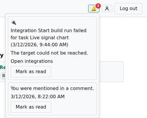 The bell in the top bar with a red badge showing 2 unread notifications, and the open notification list below it with a failed integration and a mention, each with a Mark as read button