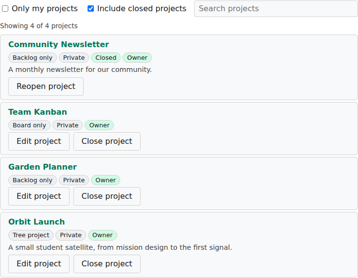 The project list with Include closed projects ticked: the closed project carries a Closed badge and a Reopen project button