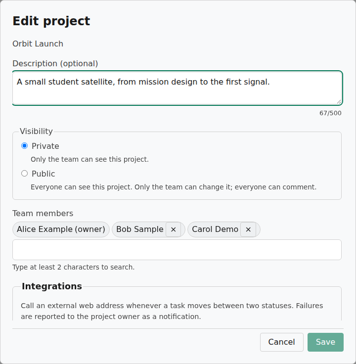 The Edit project dialog with the description, the visibility choice and the team