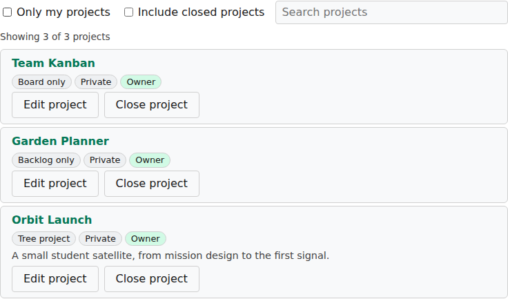 The project list with its filters, the search box and one row per project showing type, visibility and your role