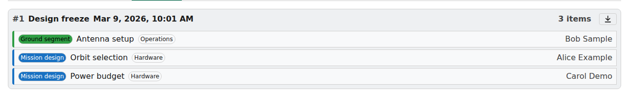 The Releases tab of Orbit Launch. Release number 1, Design freeze, lists its three tasks with epic, category and assignee, and has a download button for the report.