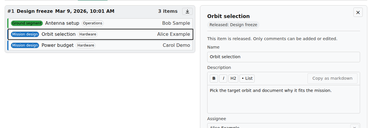 A released task opened from the Releases tab. The detail view shows the badge Released: Design freeze and the note that only comments can be added or edited; the fields are greyed out.