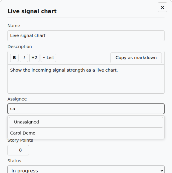 The Assignee field of a task with the list of members open, showing Unassigned and the member whose name matches what was typed.