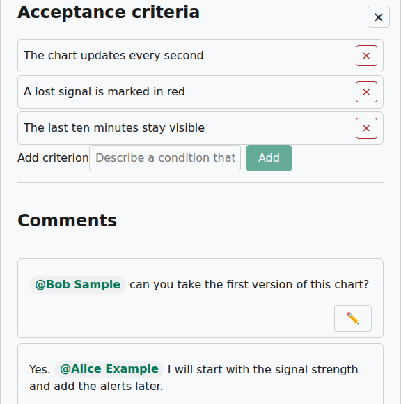 The lower part of the detail view with the acceptance criteria and a comment thread. Mentioned members appear as highlighted names.