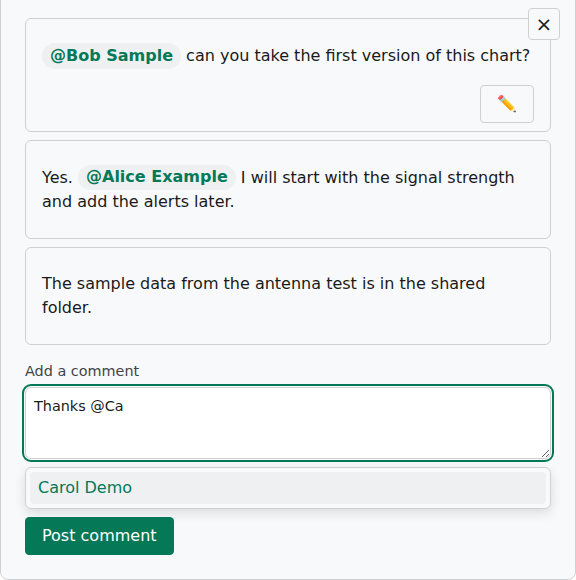 The comment field with Thanks @Ca typed in it and the list of matching project members, here Carol Demo, shown below it.