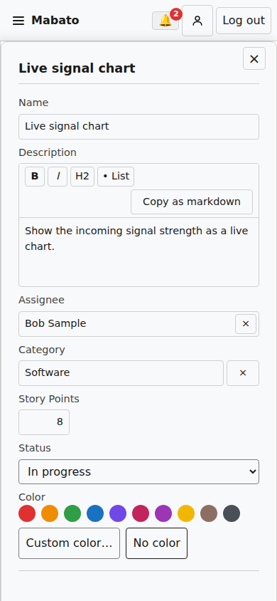 The detail view of a task on a phone. It fills the screen below the header and has a Close button at the top right.