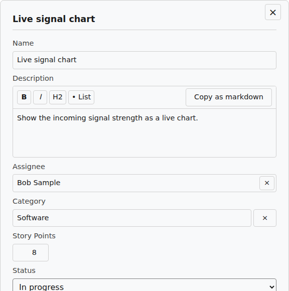 The detail view of the task Live signal chart, docked next to the tree. It lists the name, the description, the assignee, the category, the story points, the status and the color.