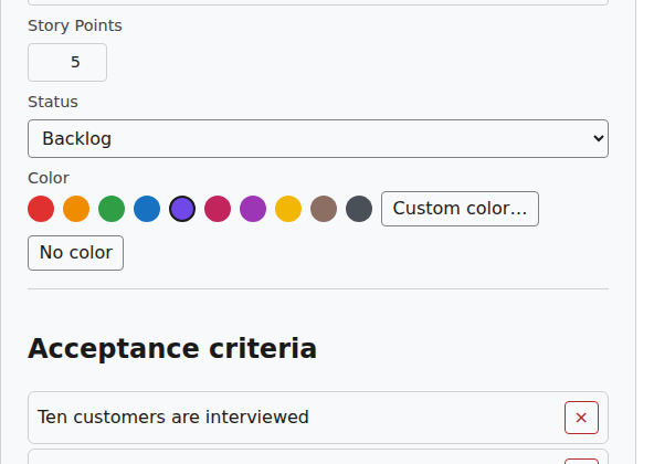 The detail panel of a task with story points, a color and two acceptance criteria