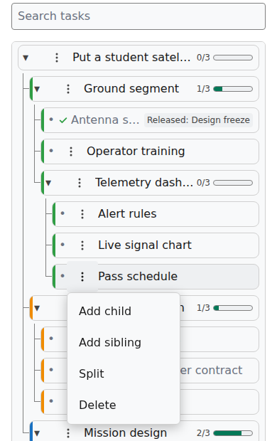 The Actions menu of a node on a phone, with Add child, Add sibling, Split and Delete