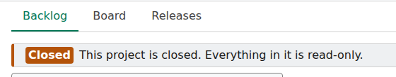 A closed project: under the project tabs, an orange Closed badge and the note that this project is closed and everything in it is read-only